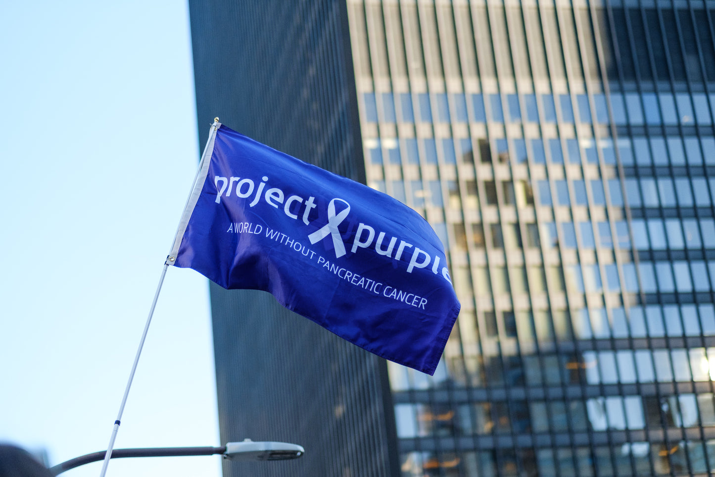 Purple flag in front of building with white Project Purple logo