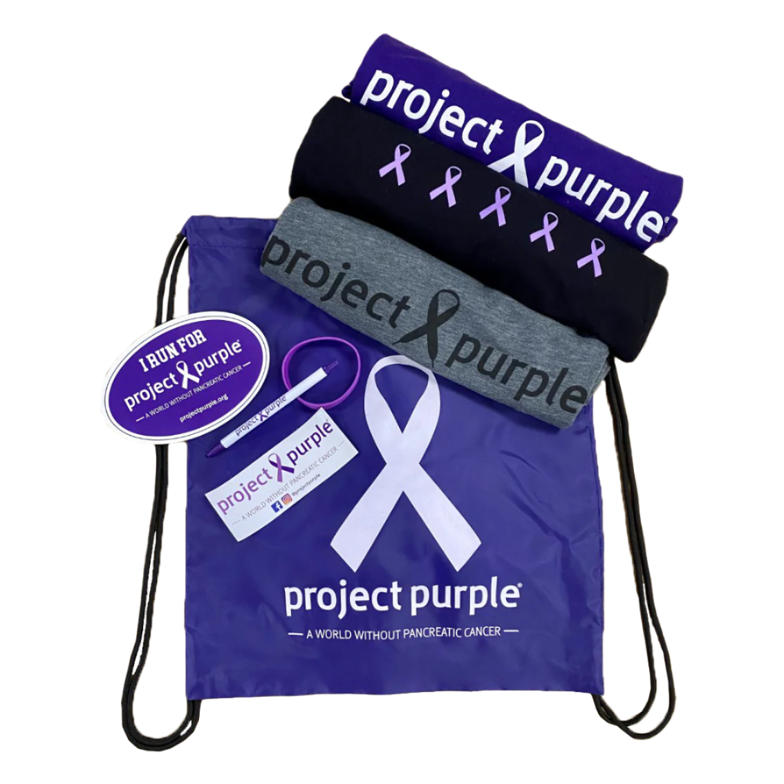 Project Purple cinch bag with three shirts sticker magnet pen and bracelet
