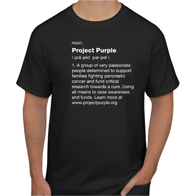 Man wearing Black shirt with project purple definition in white