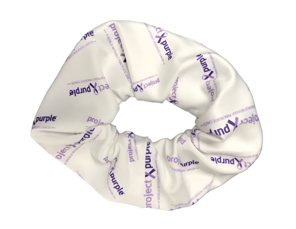 White scrunchi with repeating project purple logo
