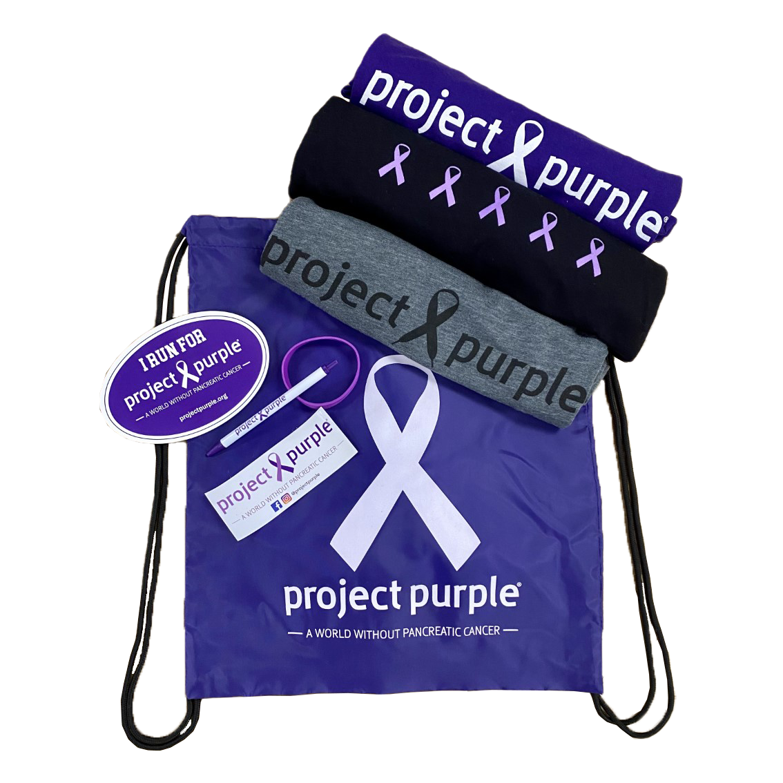 Project Purple cinch bag with three shirts sticker magnet pen and bracelet