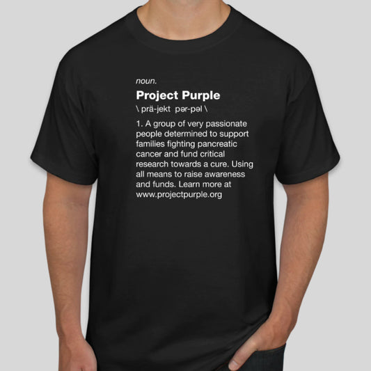 Man wearing Black shirt with project purple definition in white