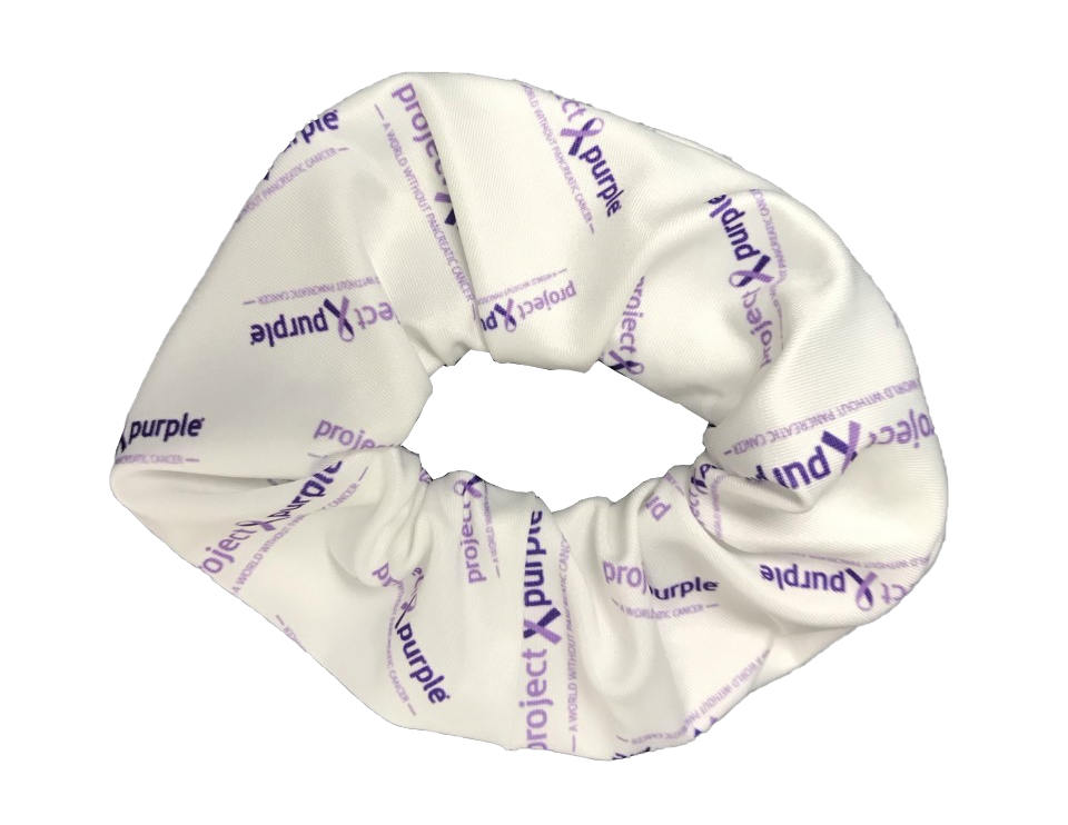 White scrunchi with repeating project purple logo