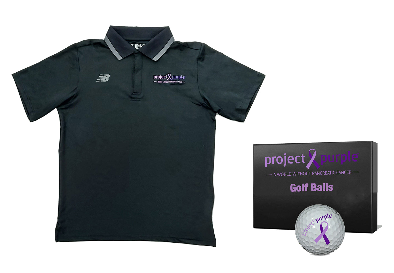 Black New Balance Polo shirt with Project Purple Logo and golf ball set