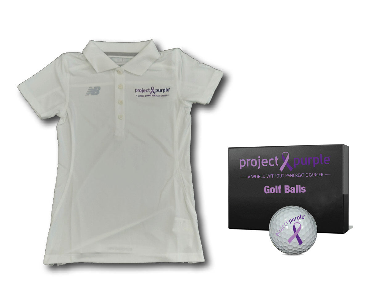 White New Balance Polo shirt with Project Purple Logo and golf ball set